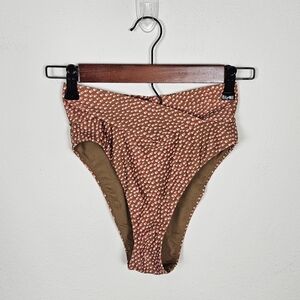 Aerie High Cut Cheeky Bikini Bottoms Cross Waistband Brown Pink Polka Dots Sz XS